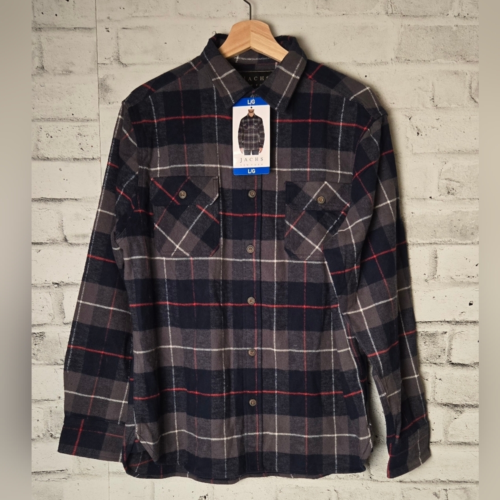 JACHS New York NWT Navy Grey Plaid Flannel Shirt Men’s L Casual Outdoors